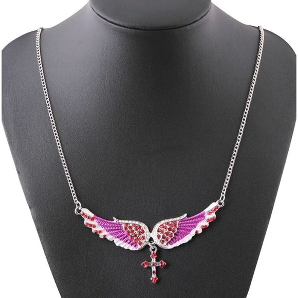 Pink-Red Angel Wings & Cross Necklace with A/B Crystals Silver Tone - Picture 1 of 1